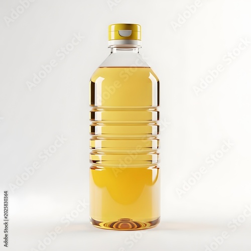 A bottle of golden yellow liquid with a screw top lid on a white background