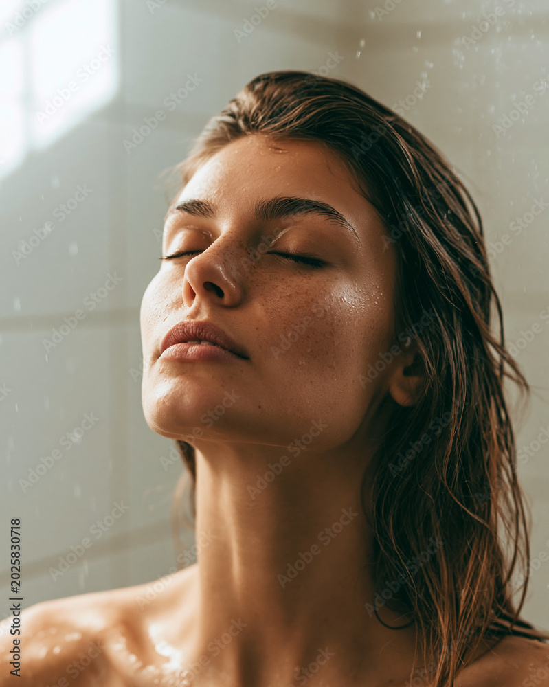 Naklejka premium Close portrait of a young adult woman under running water, with wet hair, closed eyes, water droplets on skin, and soft bathroom light.