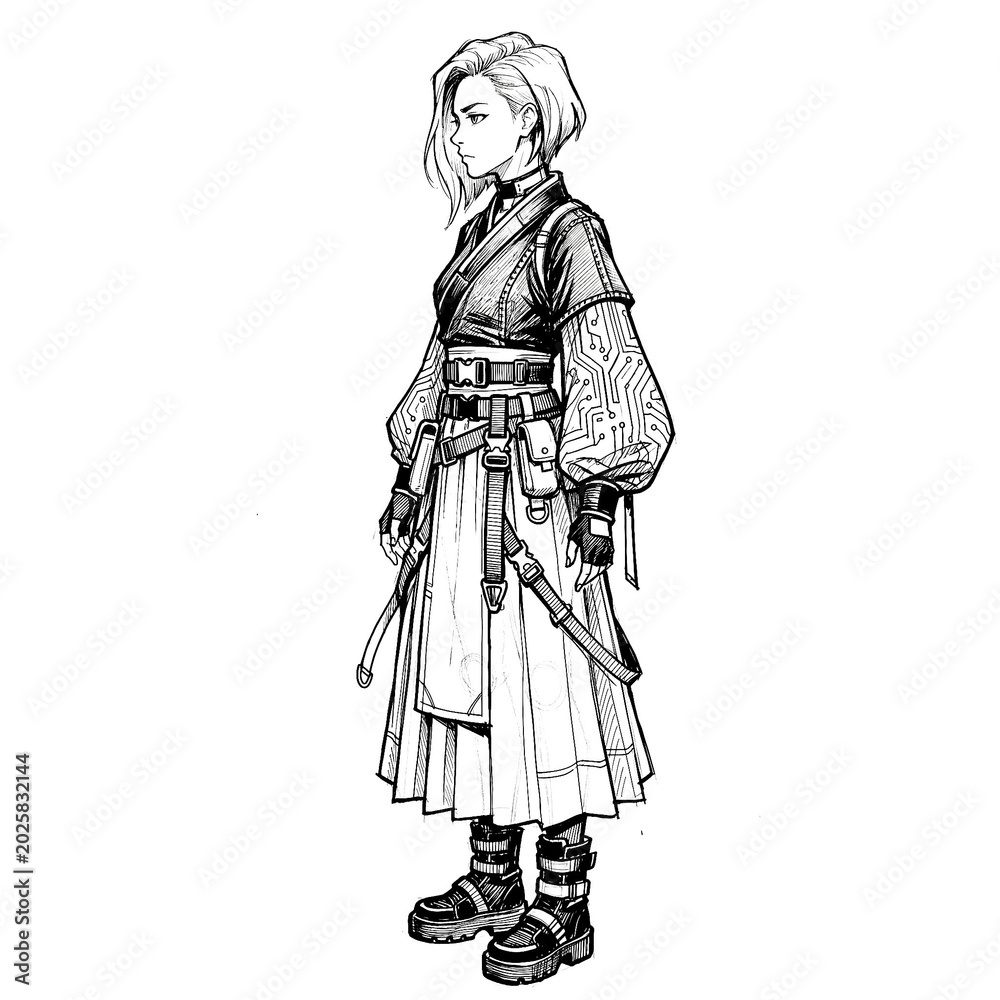 Obraz premium Hand drawn sketch of techwear hanfu dress isolated on white. Anime style.