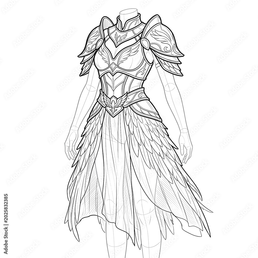 Fototapeta premium Hand drawn sketch of angelic knight warrior dress 3/4 isolated on white. Anime style.