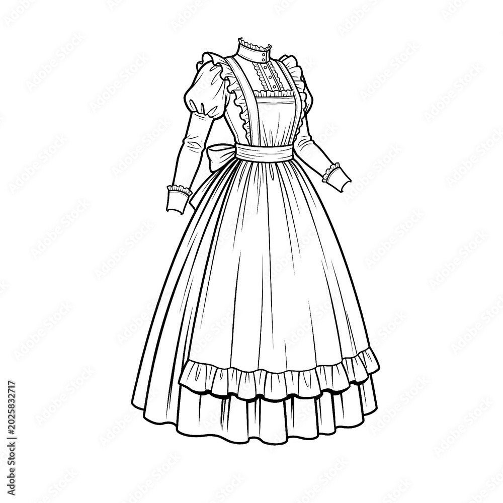 Fototapeta premium Technical line art of long Victorian Maid dress 3/4 view.