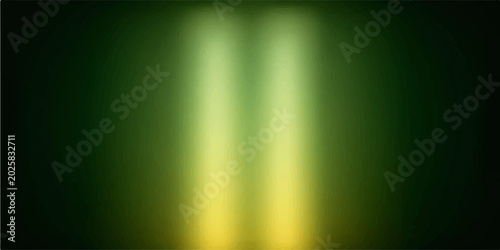 Foto A moody abstract background featuring twin vertical beams of blurry pale yellow neon light shining through a dark emerald green atmosphere