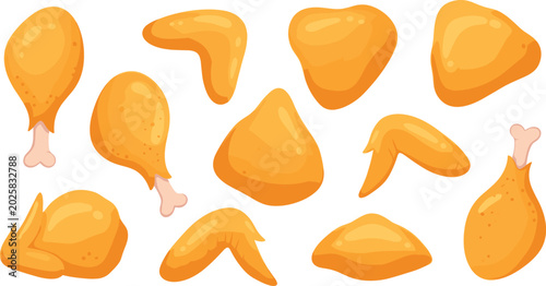 Cuadro en lienzo Crispy golden fried chicken vector illustration set with separate drumsticks win