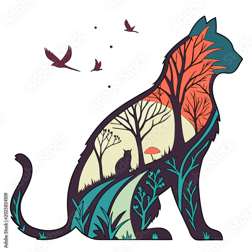 Φωτογραφία Cat silhouette containing autumn forest landscape.