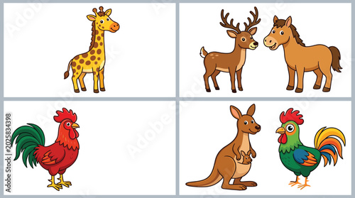 Foto Cartoon illustration of giraffe, deer, horse, rooster, and kangaroo with joey fo