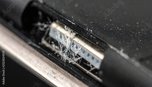 A macro shot of a metal shaving razor and shaving brush equipment isolated on white near a black USB cable and technology device 
