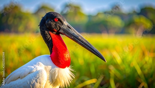 Jabiru stork with inflated red neck patch in Pantanal wetlands close-up wildlife portrait