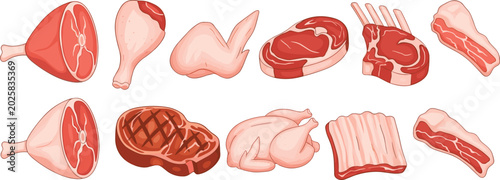 Foto Detailed cartoon style fresh raw meat vector collection featuring beef steak por