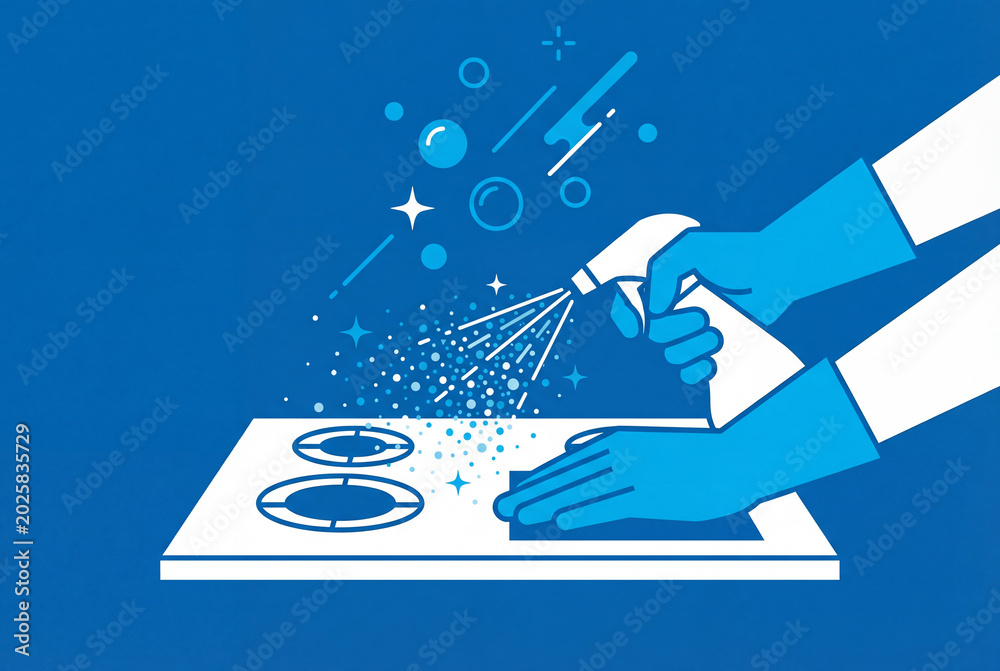 Fototapeta premium Hands in gloves cleaning cooktop with spray cleaner and mist