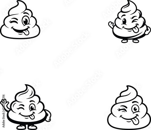 Cute Cartoon Poop Emoji Characters Black and White Line Art Set
