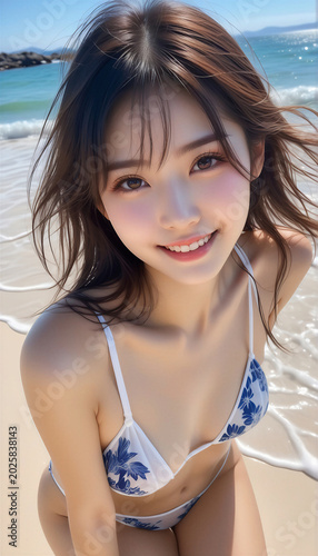 Portrait of a smiling pretty girl in a bikini by the beautiful sea.綺麗な海でビキニを着た笑顔のかわいい女の子のポートレート。	