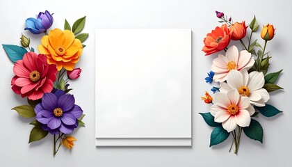 Blank white card with colorful flowers around it on bright surface