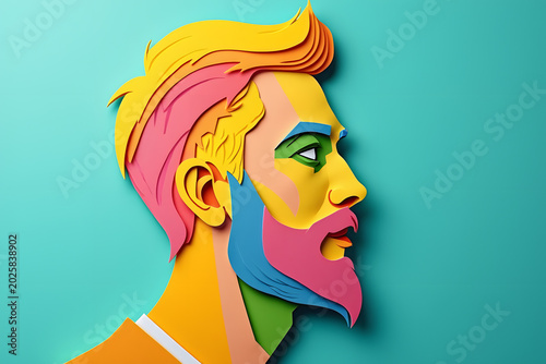 3D layered paper cut portrait of a man with vibrant colors on a solid teal background