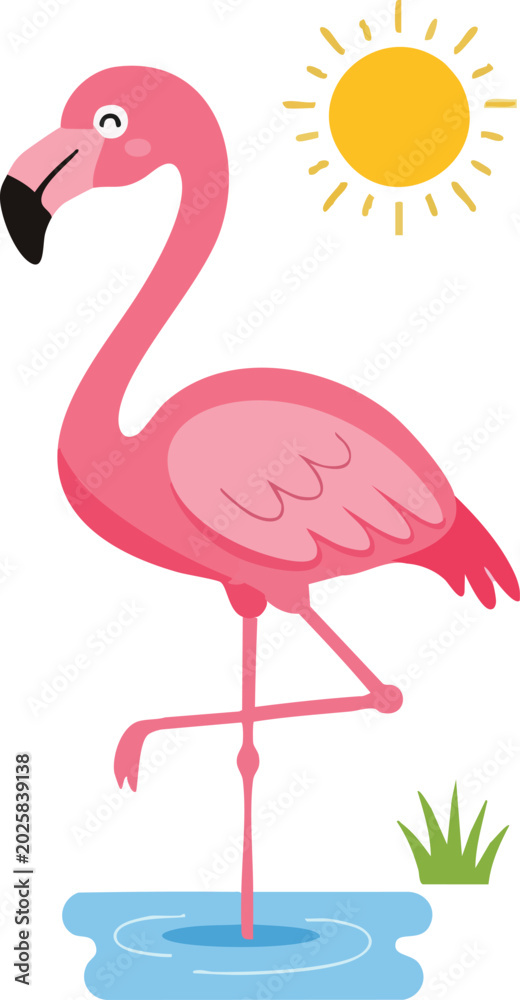 Fototapeta premium A pink flamingo stands on one leg in shallow water under a sunny sky with green grass and warm rays.