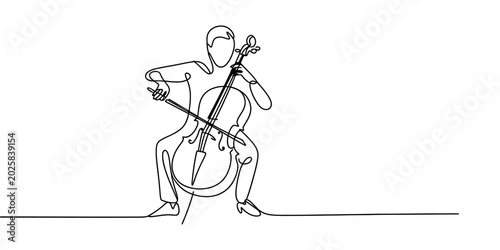 Schilderij op canvas Single line drawing of a person playing the cello with a bow