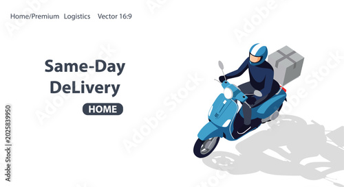 Same-Day Home Delivery Banner with Courier Riding Scooter Vector Illustration