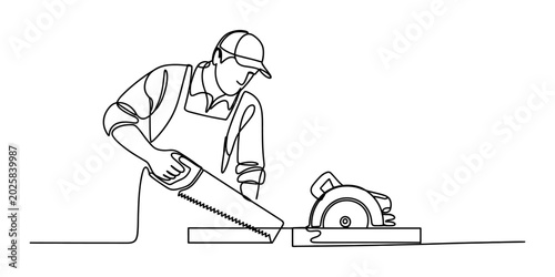 Konstfotografi Carpenter man with hand saw and circular saw cutting wood, continuous line art s