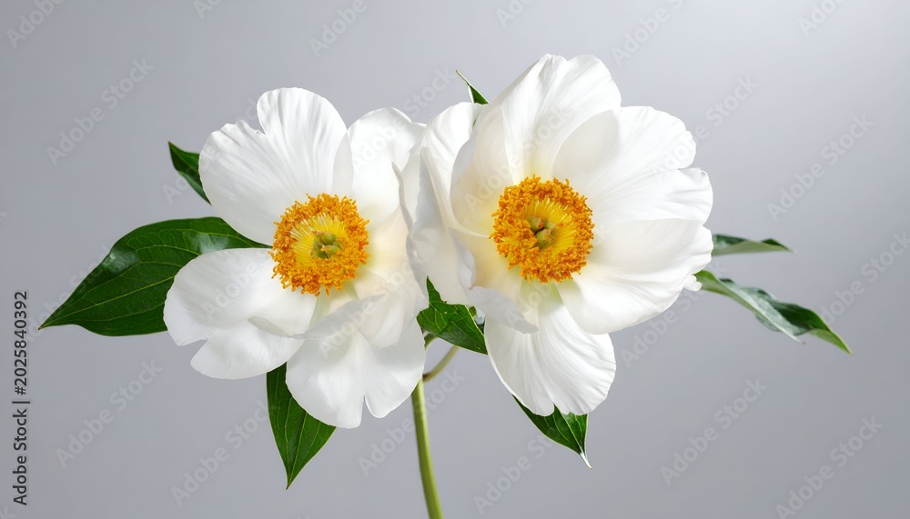 Obraz premium Two pristine white blossoms with bright yellow centers, leaves on soft gray