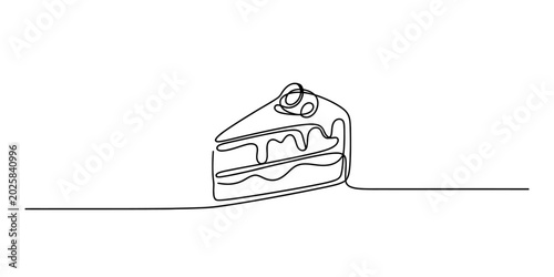 Quadro su tela Slice of cake with frosting and cherry on top, drawn in a single continuous line