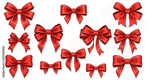 Collection of Red Decorative Bows for Gift Wrapping and Celebrations.