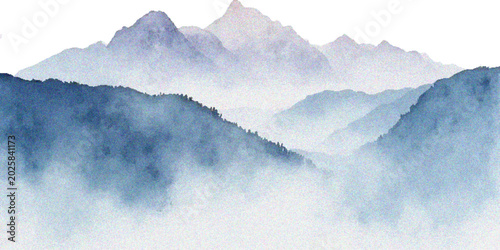 Cuadro en lienzo Snowy Alps mountain peak under a misty sunset sky with clouds and fog filling th