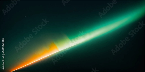 Foto A dramatic abstract background featuring a sharp diagonal light leak with a vibrant color gradient shifting from fiery orange to brilliant emerald green over a dark, moody atmosphere