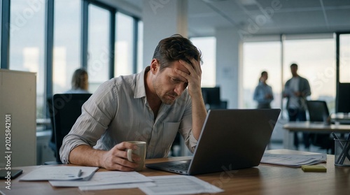 Stressed businessman rubbing temples while working on laptop in modern office