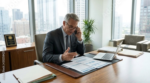 Businessman reviewing paperwork at desk in office