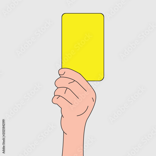 Fotografía A simple cartoon-style vector illustration of a human hand holding a solid yellow card against a grey background, symbolizing a penalty, ejection, or warning in sports