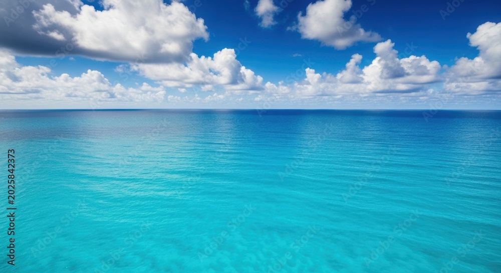 Fototapeta premium Vast turquoise ocean surface under a beautiful sky with fluffy white cumulus clouds