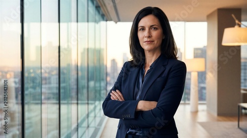 Confident businesswoman standing with arms crossed in modern office with city view