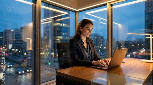 Businesswoman working on laptop at desk in office at night