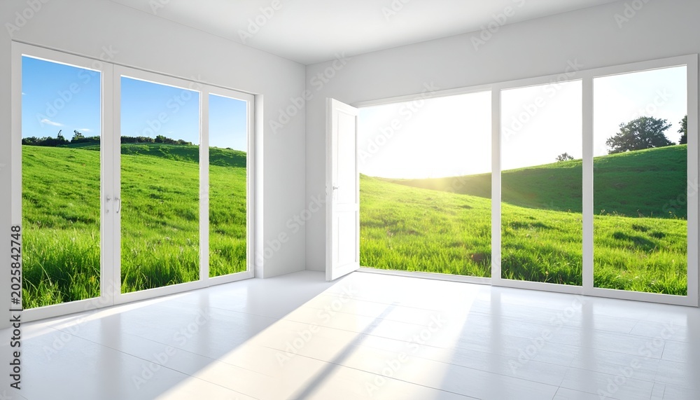 Fototapeta premium Bright, white room with open door and large windows overlooking green hills