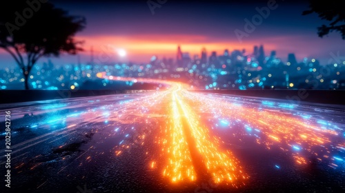 City street with a bright orange line of light. The city is lit up at night. The street is empty