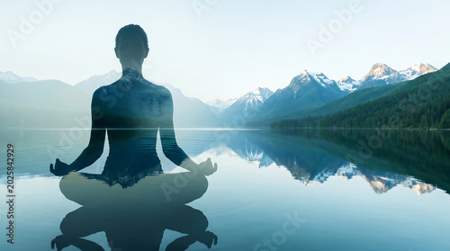 Meditative figure in tranquil mountain landscape, embodying inner peace, mindfulness, and nature's serene harmony
