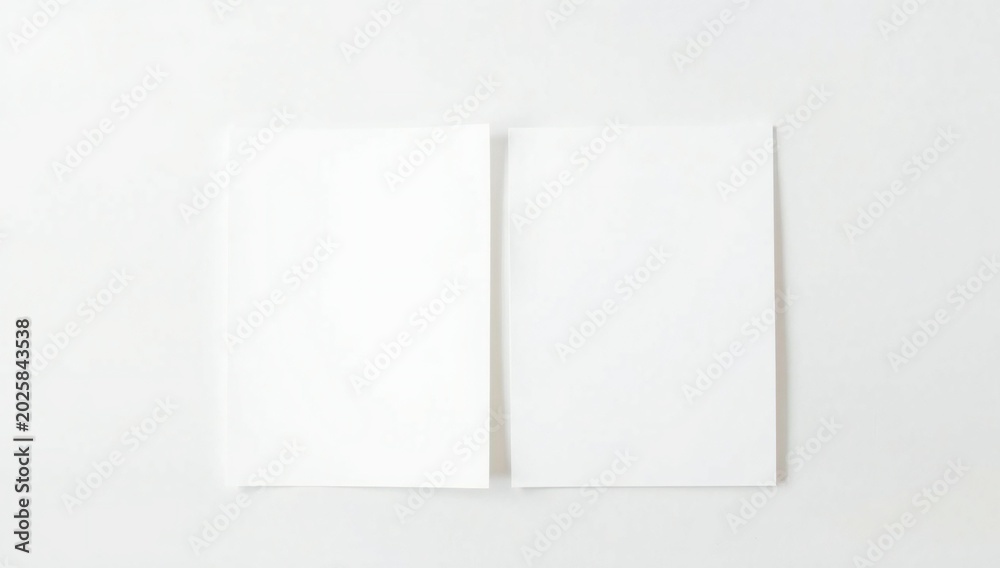 Fototapeta premium Two blank rectangular sheets of white paper placed side by side on a clean light grey background