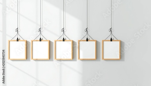 Five minimalist wooden picture frames hanging against a clean white wall with soft natural shadows