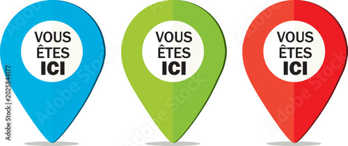 Blue, green and red location pins. You are here. French language. Vector hand drawn pictograms collection.