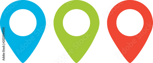 Blue, green and red location pins. You are here. Vector hand drawn location pictograms collection.