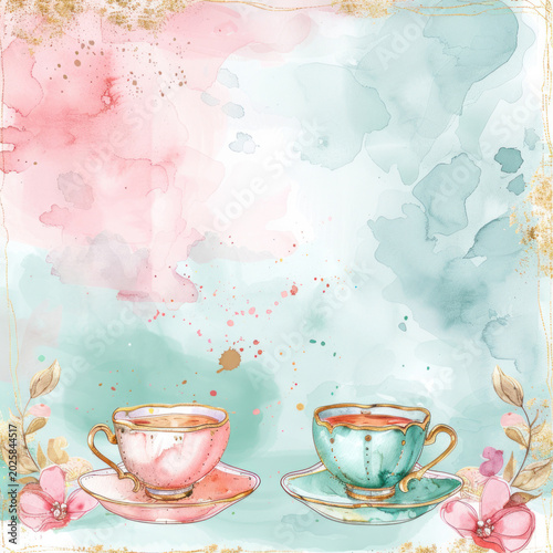 Pastel Watercolor Tea Cups with Floral Decorative Background