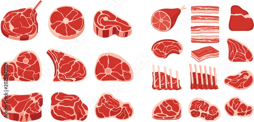 Canvastavla Flat design vector icon collection of raw butcher shop meat cuts featuring beef