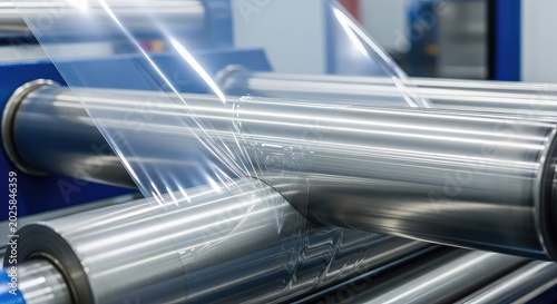 A close-up view of clear plastic film rolling through industrial rollers in a manufacturing facility for commercial packaging and wrapping, line, technology, roll