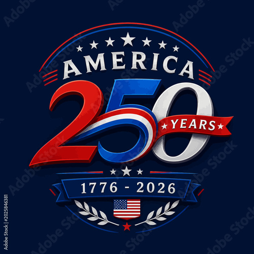 Vibrant 250 years america emblem with red, white, and blue ribbon