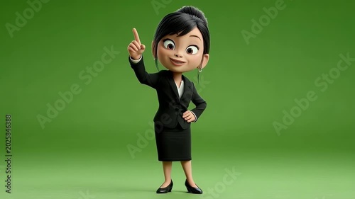 Animated businesswoman pointing upward against green background