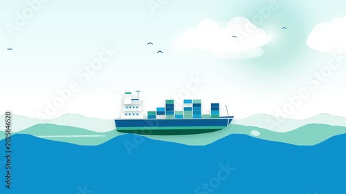 Flat Design Cartoon Container Cargo Ship Sailing Ocean with Waves Clouds and Seagulls — Maritime Shipping Logistics Brand Motion Graphic Animation Template