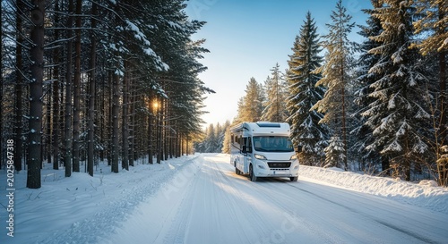 A modern white motorhome travels down a narrow road covered in thick snow through a quiet winter forest filled with tall pine trees, transport, season, camper van