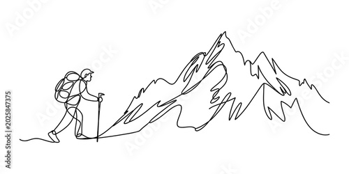 Schilderij op canvas Continuous single line drawing of a hiker with a backpack and walking stick trek