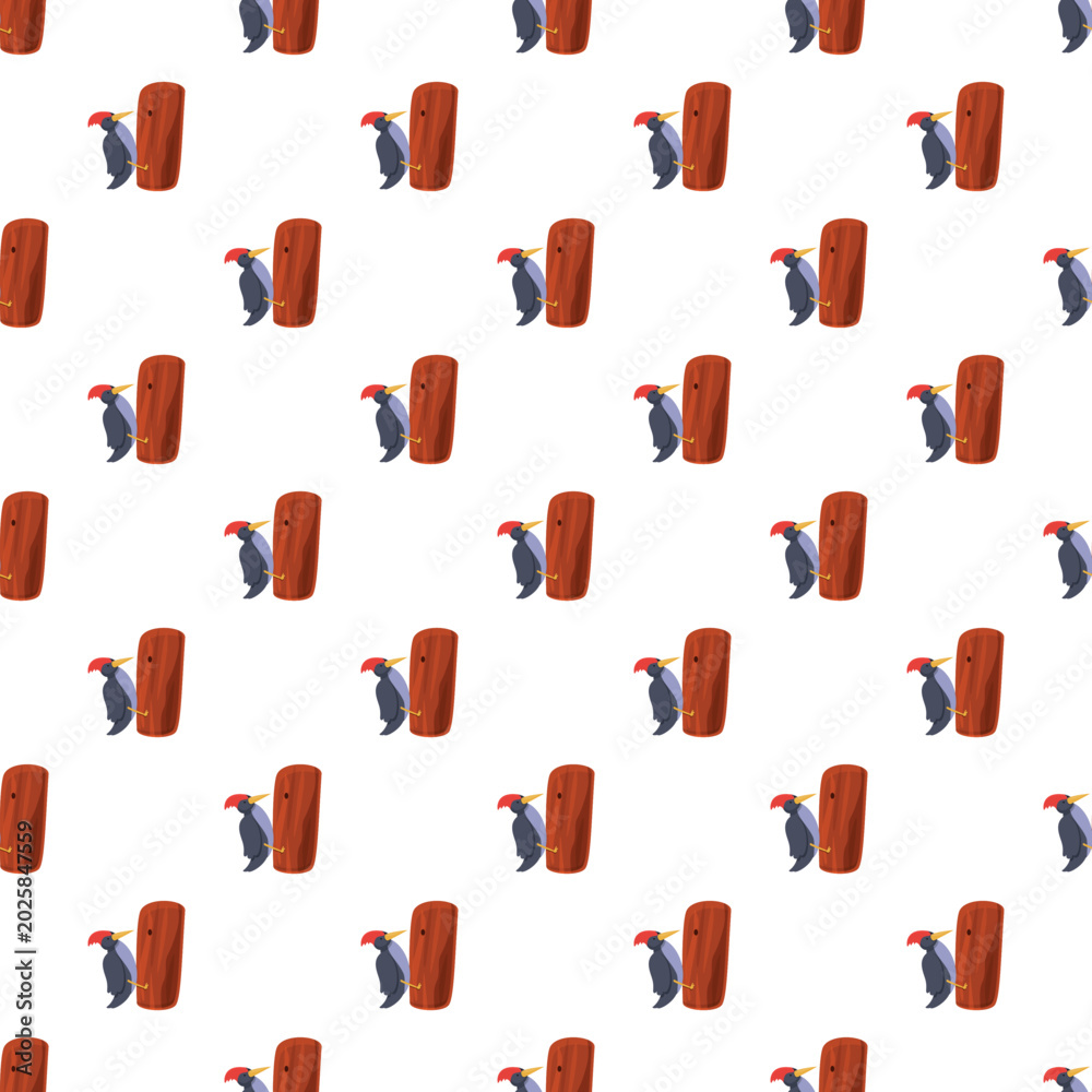 Fototapeta premium Woodpeckers creating a continuous pattern on tree logs, ideal for backgrounds