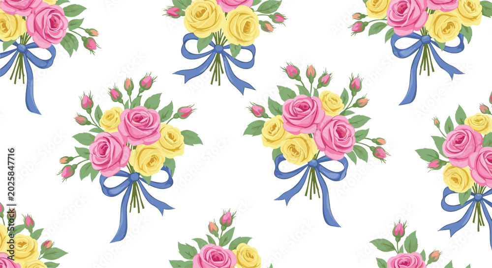 Obraz premium Seamless pattern displays beautiful bouquets of pink and yellow roses tied with elegant blue ribbons on a white background for textile print.