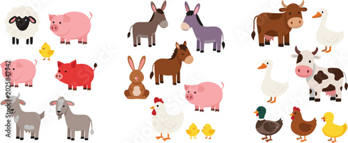 Foto Cute farm animal vector illustration set featuring pig cow donkey goat rabbit ch